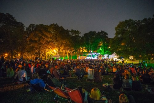 A large crowd gathers on a grassy area at night, enjoying a live music performance under bright lights.