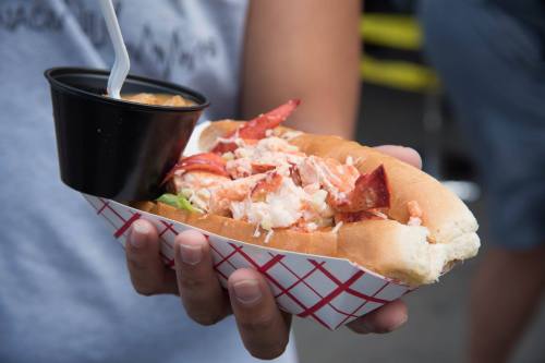 A person holding a lobster roll topped with lobster meat and a small cup of seafood salad.