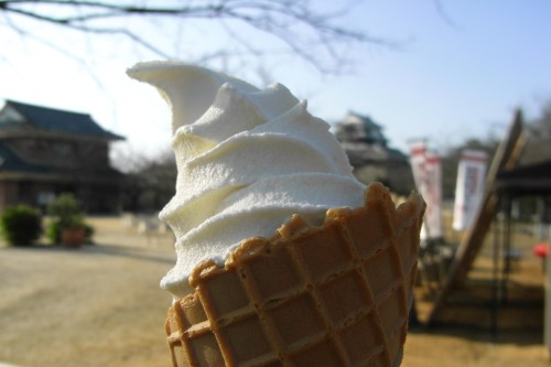 A close-up of a soft-serve ice cream cone against a blurred outdoor background.