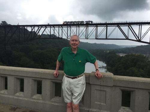 An elderly man in a green shirt stands on a bridge overlooking a river and lush green hills under a cloudy sky.