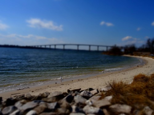 A blurred view of a sandy beach with rocks, water, and a bridge in the background under a blue sky.