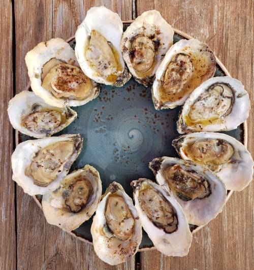 A circular platter of grilled oysters arranged neatly on a wooden table.