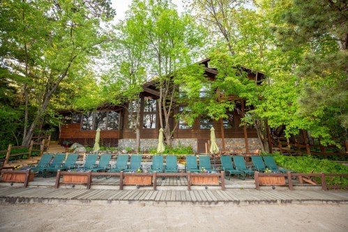 A wooden lodge surrounded by trees, with lounge chairs arranged on a deck in front.