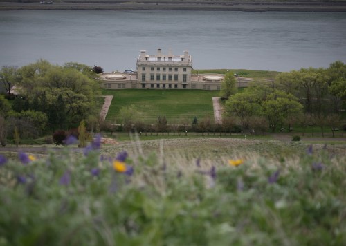 A grand mansion surrounded by lush greenery, overlooking a calm body of water, with colorful wildflowers in the foreground.