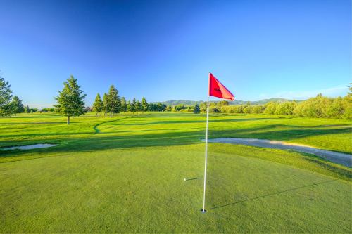 A red flag on a golf course green, surrounded by trees and a clear blue sky.
