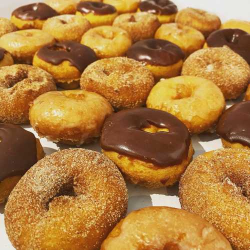 A variety of donuts, including glazed, chocolate-covered, and cinnamon-sugar, arranged closely together on a tray.