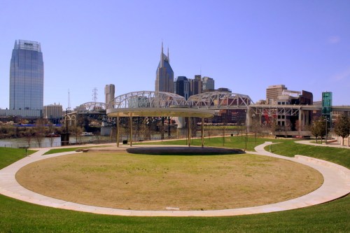 A view of a city skyline with modern buildings and a bridge over a river, set against a clear blue sky.