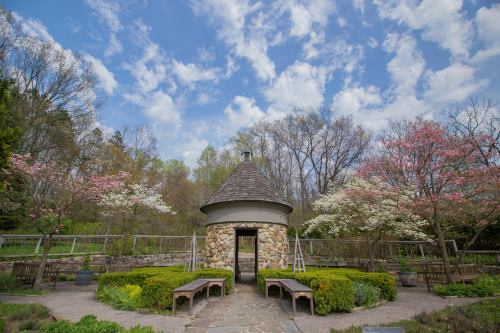 A stone building surrounded by blooming trees and benches in a serene garden under a partly cloudy sky.