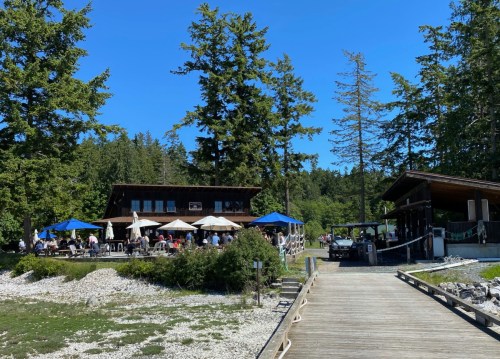 A waterfront restaurant with outdoor seating, surrounded by trees and a clear blue sky. A wooden dock leads to the entrance.