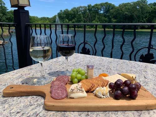 A wooden board with cheese, meats, crackers, and grapes, alongside two glasses of wine, by a scenic lake.