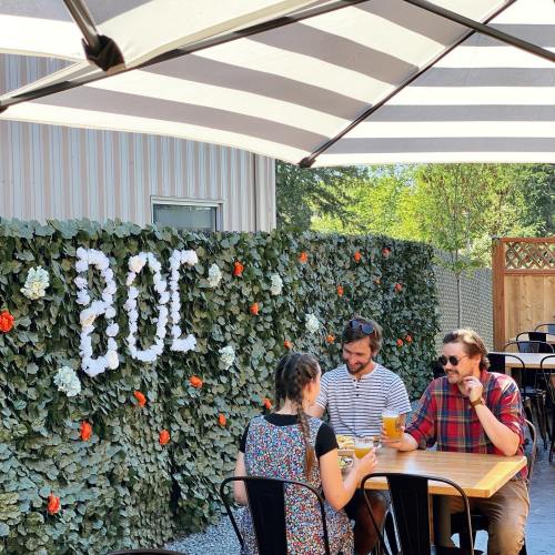 Three people sit at a table outdoors, enjoying drinks, with a leafy wall and flowers in the background.