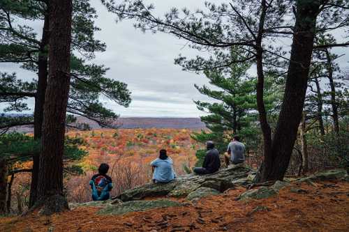 Four people sit on a rock, overlooking a colorful autumn landscape framed by trees under a cloudy sky.