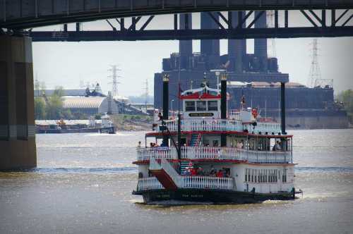 A riverboat cruises on a river, with industrial buildings and power lines in the background under a bridge.