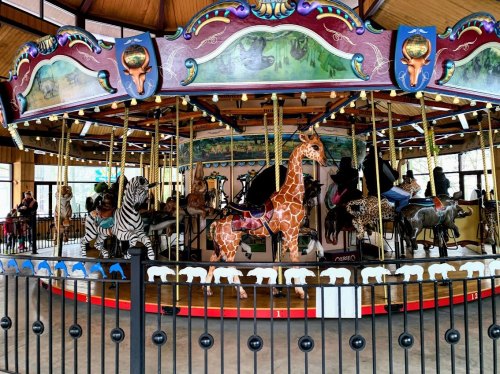 A colorful carousel featuring various animal figures, including a giraffe and zebra, inside a wooden pavilion.