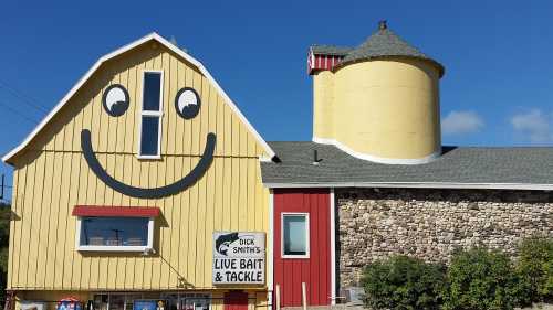 A colorful building with a large smiley face and a round tower, featuring a sign for "Dick Smith's Live Bait & Tackle."