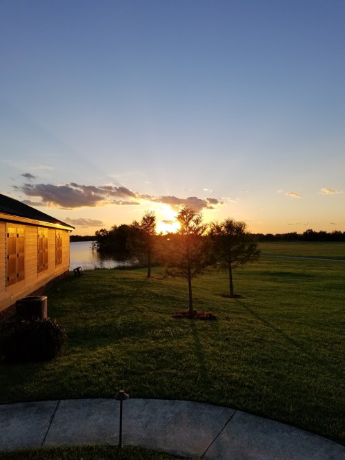 Sunset over a calm lake, with trees silhouetted in the foreground and a building to the left.
