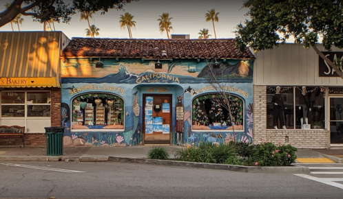 Colorful storefront with a mural, featuring seashells and ocean themes, surrounded by palm trees and shops.