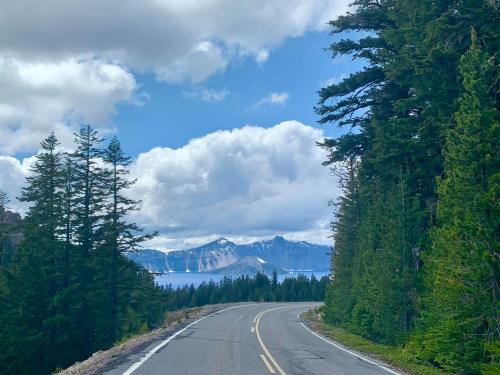 A winding road surrounded by tall trees, leading to a scenic view of mountains and a lake under a cloudy sky.