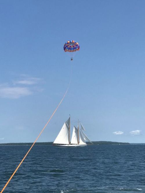 A colorful parachute is being towed above a sailboat on a clear blue day over calm waters.