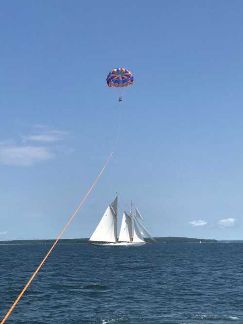 A colorful parachute is being towed above a sailboat on a clear blue day over calm waters.