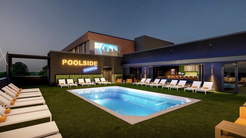 A modern poolside area with lounge chairs, a pool, and a bar, illuminated at night with a starry sky.