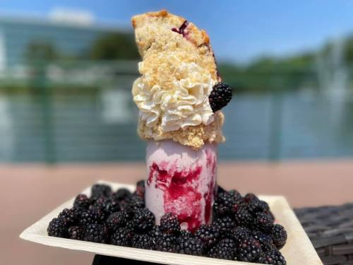A tall milkshake topped with whipped cream, pie crust, and blackberries, surrounded by fresh blackberries on a plate.