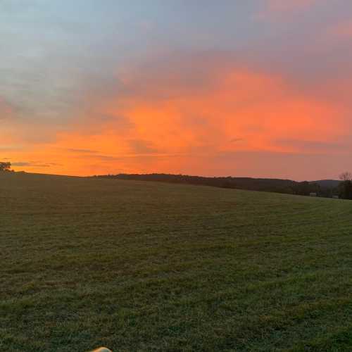 A vibrant sunset paints the sky in shades of orange and pink over a grassy landscape.