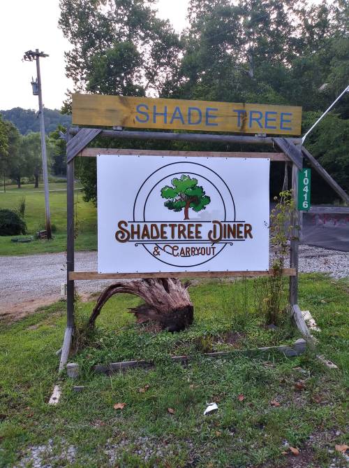 Sign for Shadetree Diner and Carryout, featuring a tree logo, set in a green outdoor area.