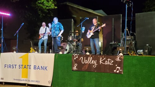 A band performs on stage at night, with instruments and a banner for "Valley Katz" in front of a bank logo.
