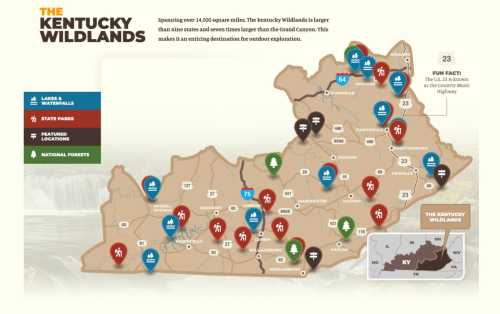 Map of the Kentucky Wildlands, highlighting parks, lakes, waterfalls, and outdoor recreation sites across the region.