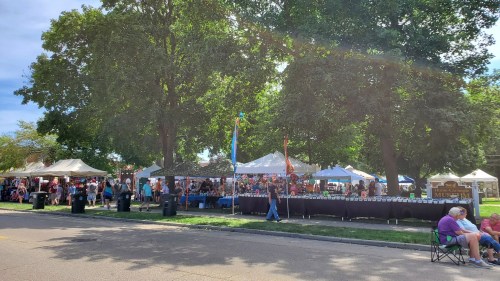 A bustling outdoor market with tents, vendors, and visitors under large trees on a sunny day.