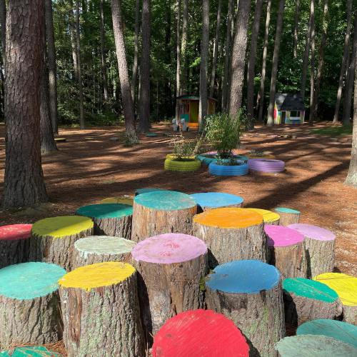 Colorful tree stumps arranged in a forest clearing, with a small playhouse and greenery in the background.