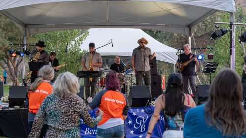 A band performs on stage under a tent while an audience dances in front, enjoying the outdoor concert.