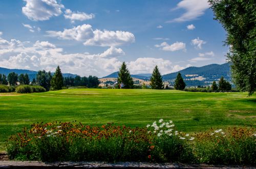A scenic view of a green golf course surrounded by trees and colorful flowers under a blue sky with fluffy clouds.