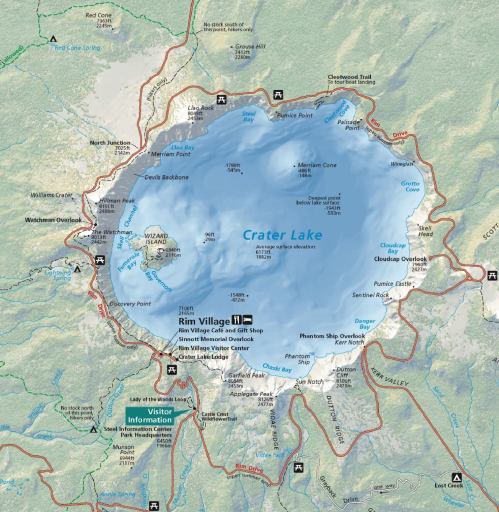 Map of Crater Lake, showing the lake's outline, surrounding areas, visitor information, and points of interest.