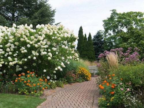 A scenic garden path lined with colorful flowers, lush greenery, and blooming shrubs under a cloudy sky.