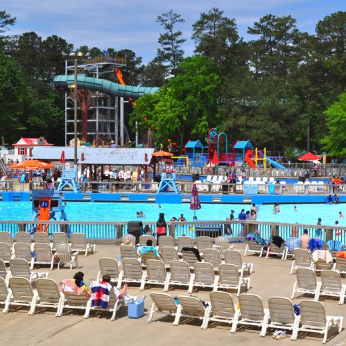 A busy outdoor pool area with people swimming, sunbathing, and a water slide in the background surrounded by trees.