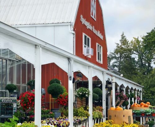 A red barn with a white roof, surrounded by colorful flowers and pumpkins in a garden center setting.