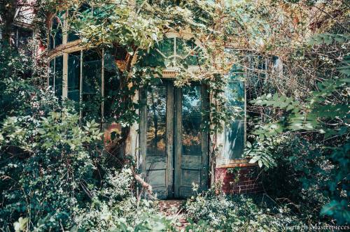 An overgrown, abandoned greenhouse with weathered doors, surrounded by lush greenery and vines.