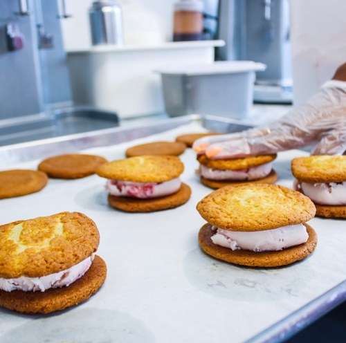 A tray of ice cream sandwiches made with golden cookies and pink ice cream, with a hand preparing them.