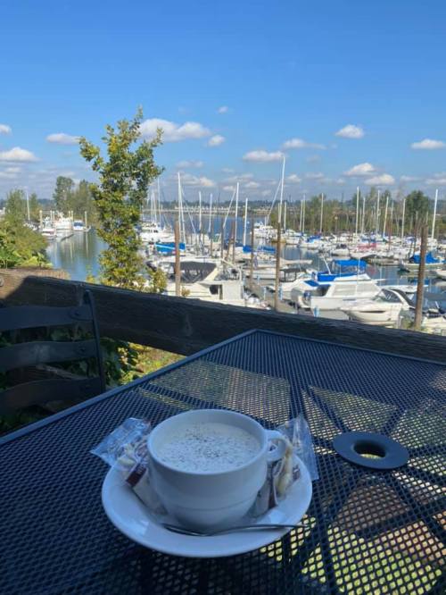 A cup of coffee on a table overlooking a marina filled with boats and a clear blue sky.