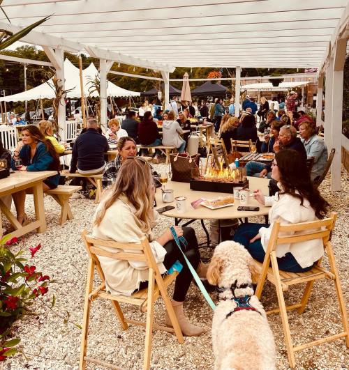 A lively outdoor café scene with people socializing around tables, a fire pit, and a dog on a leash.