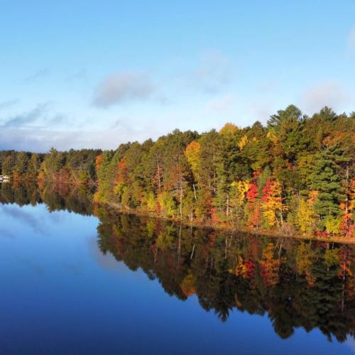 A serene lake reflecting colorful autumn trees under a clear blue sky.