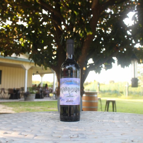 A bottle of red wine sits on a stone table outdoors, with a tree and vineyard in the background.