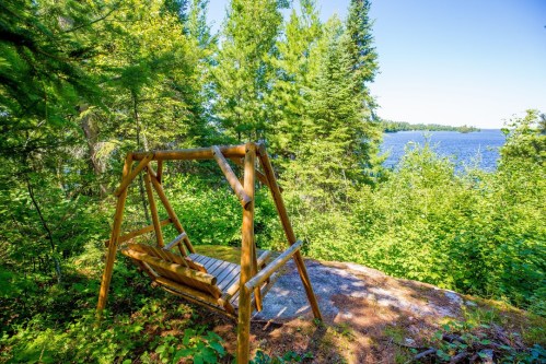 A wooden swing overlooks a serene lake surrounded by lush green trees under a clear blue sky.