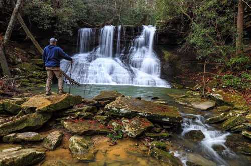 A person stands on rocks by a serene waterfall, surrounded by lush greenery and flowing water.