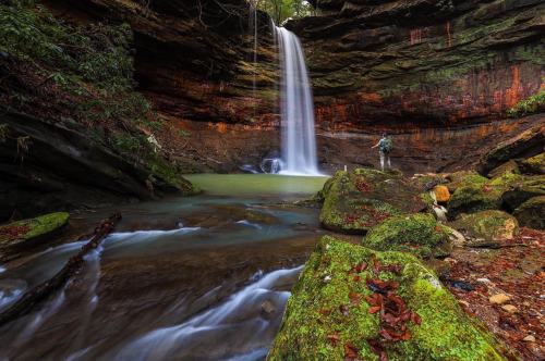 A serene waterfall cascades into a green pool, surrounded by mossy rocks and lush vegetation in a tranquil forest setting.
