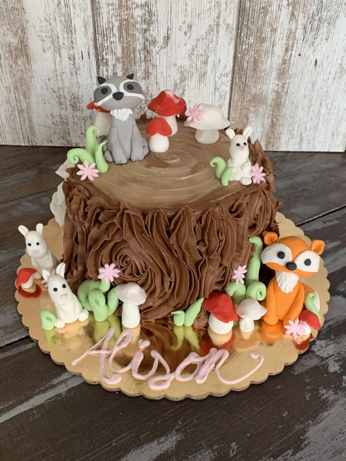 A whimsical cake decorated with woodland animals, mushrooms, and flowers, featuring a chocolate frosting and a name on top.
