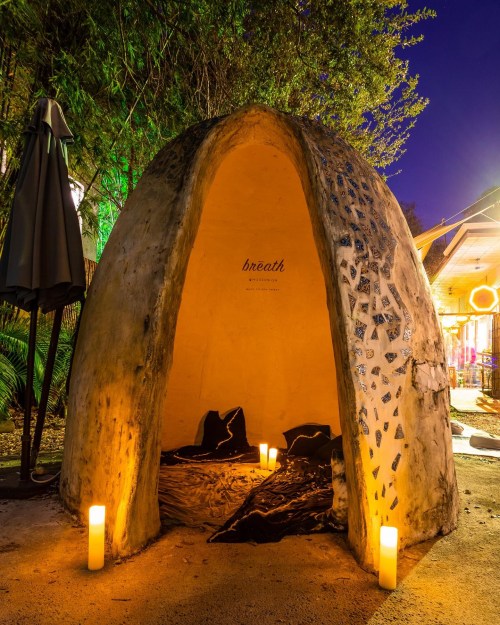 A cozy, dome-shaped structure with candles inside, surrounded by greenery and softly lit at night.