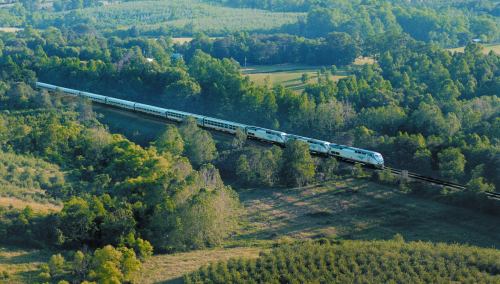 A train travels through a lush green landscape, surrounded by trees and rolling hills under a clear blue sky.